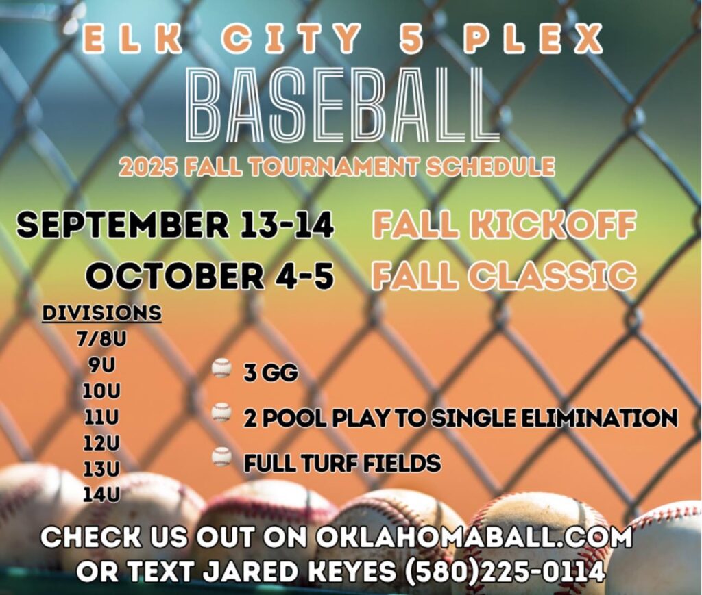 Elk City 5 Plex 2025 Fall Baseball Tournament Schedule